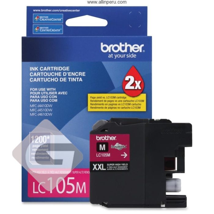 Tinta Brother LC105M Magenta, Compatibilidad Impresora Brother DCP-J152W, MFC-J245, J285DW, J450DW, J470DW, J475DW, J6500DW, MFC-J4310DW, J4410DW.