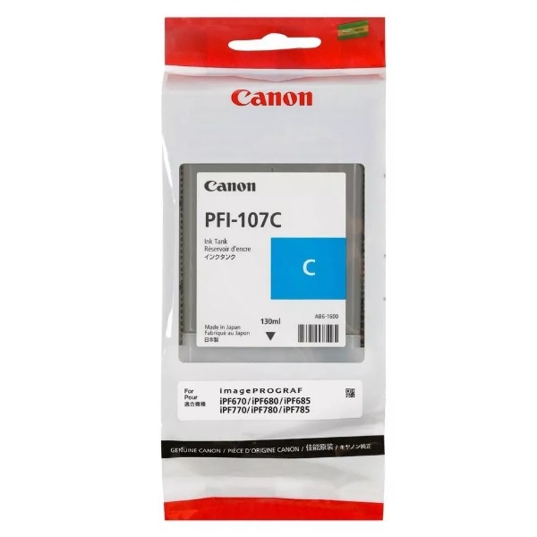 Tinta Canon PFI-107C Cyan, Compatibilidad Impresora Canon imagePROGRAF iPF670, MFP iPF770, MFP iPF680, iPF685, iPF780, iPF785, Contenido 130ml