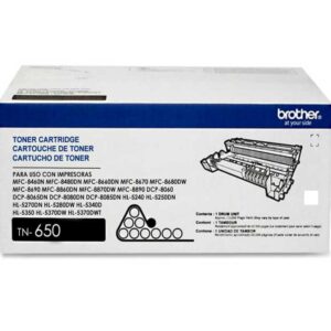 Toner Brother TN-650 Negro. Para Brother DCP-8080DN, 8085/HL-5340, 5350, 5370, 5370/ MFC-8480, 8680, 8690DW, 8890DW. Rinde: 8000PG.