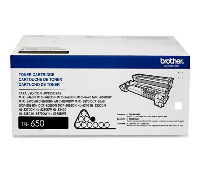 Toner Brother TN-650 Negro. Para Brother DCP-8080DN, 8085/HL-5340, 5350, 5370, 5370/ MFC-8480, 8680, 8690DW, 8890DW. Rinde: 8000PG.
